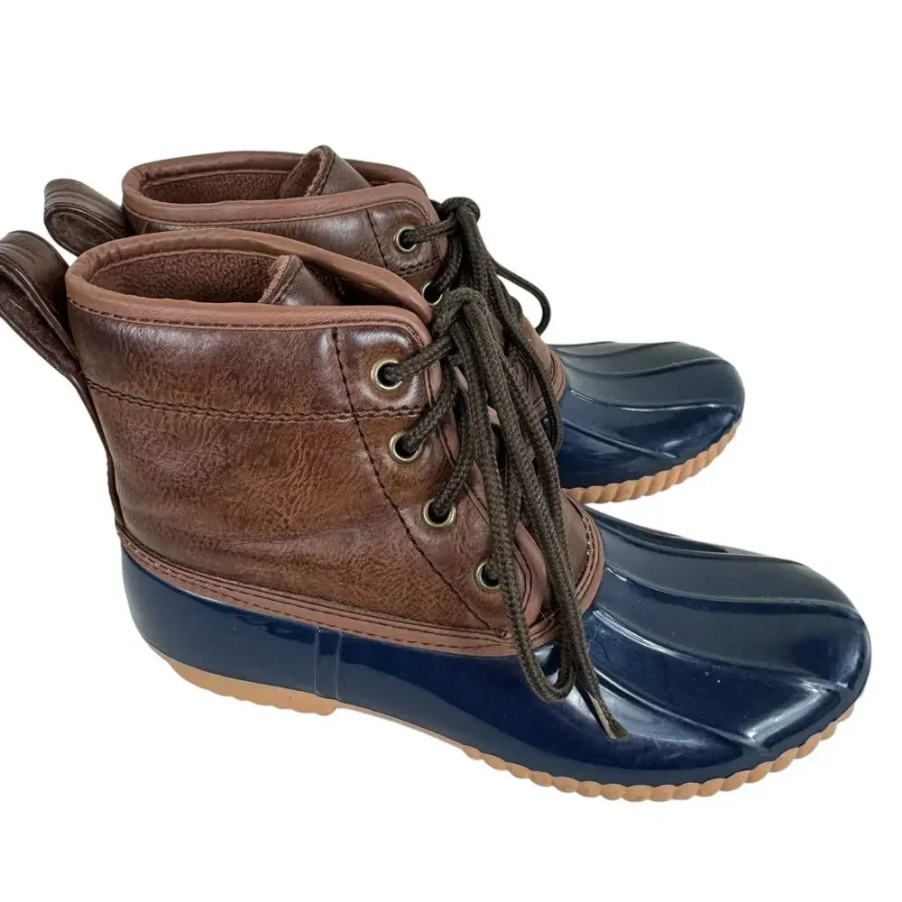 Capelli Brown Navy Rubber Faux Leather Lace Up Ankle Duck Boot Winter Size 6
